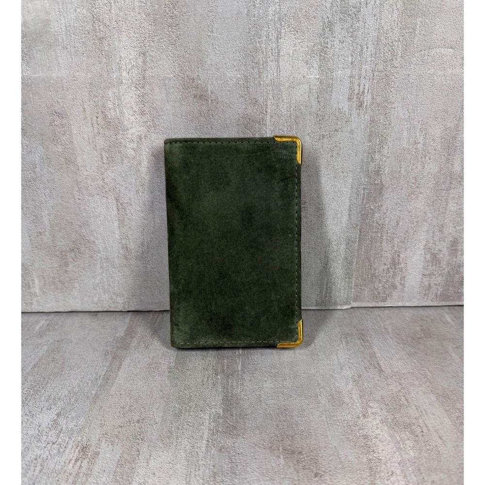 English Leather Green Suede Zip Around Card Holder Wallet Gold Corners Vintage